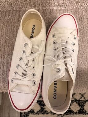 Converse Low Top Canvas Sneakers in White with Red Stripe